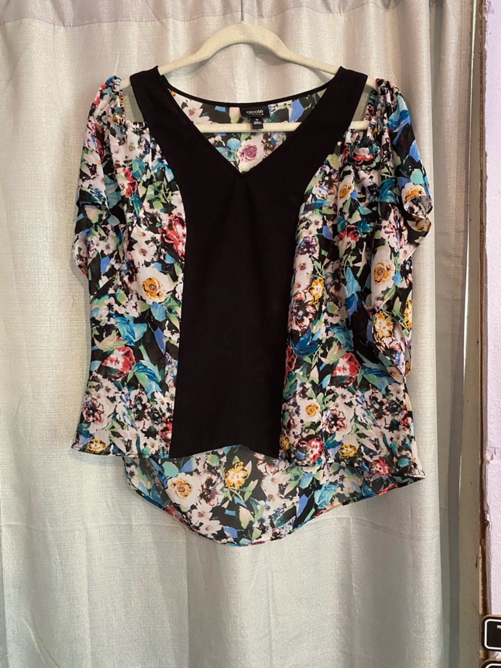 Nicole Floral Contrast V-Neck Blouse - Black and Multi color  off the shoulders